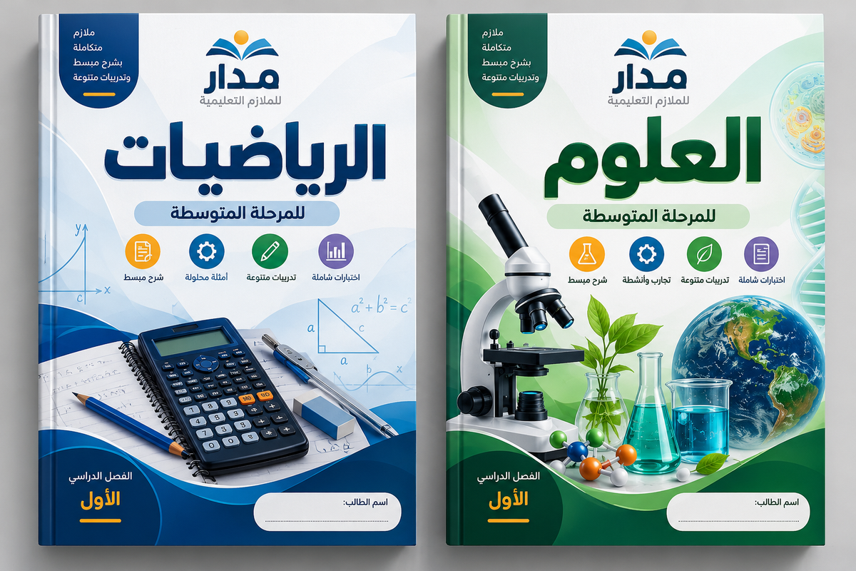 غلافا مدار لملازم الرياضيات والعلوم — المرحلة المتوسطة، الفصل الدراسي الأول